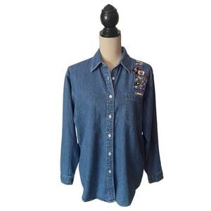 Vintage 1999 Warner Bros Studio Looney Tunes Embroidered Denim Button Down Shirt